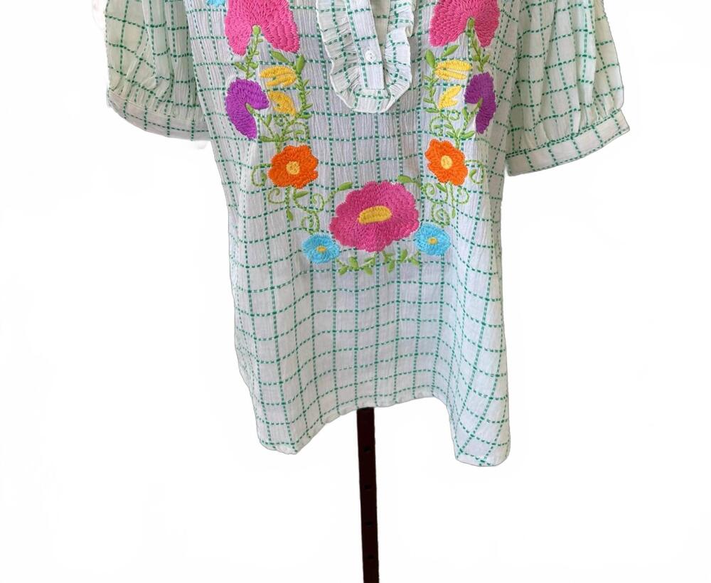 NEW IVY JANE women's josephina embroidered floral top in ivory/ green